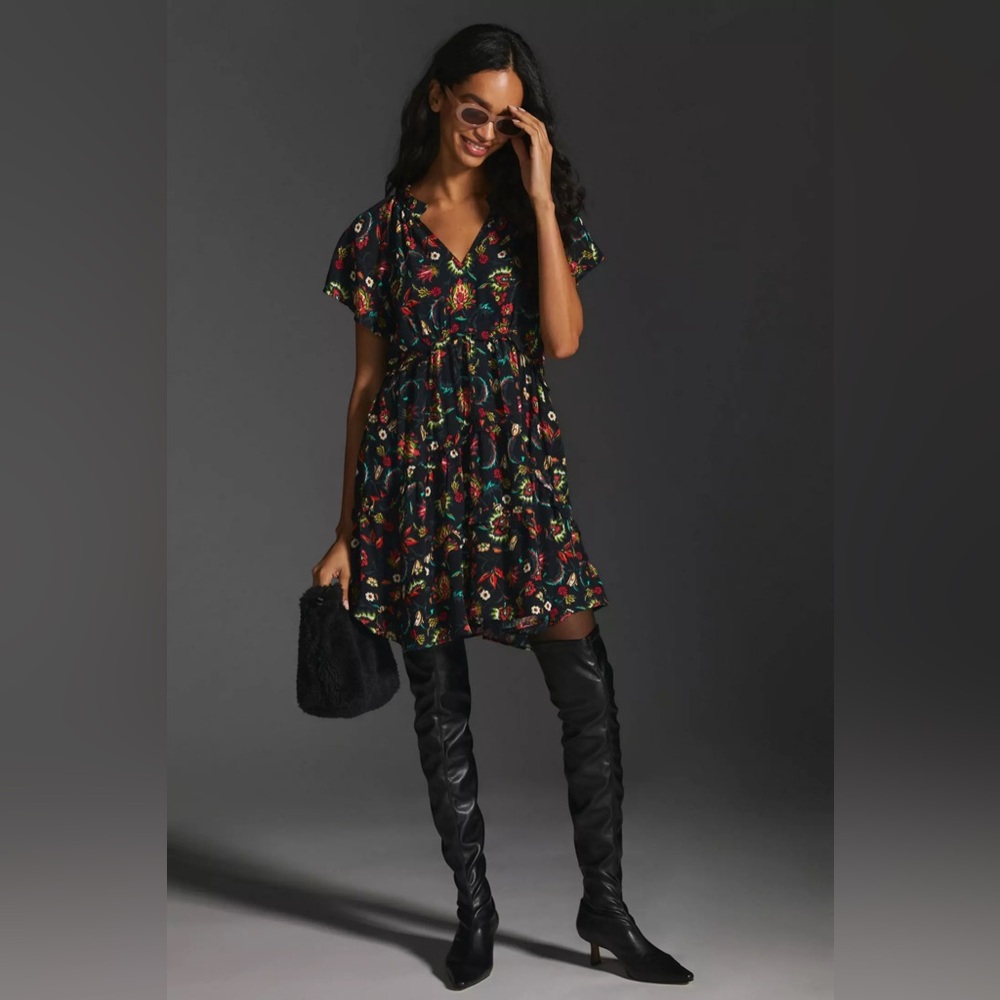 Anthropologie Robin Black Floral Tiered Short Sleeve Flowy Dress in Size XS